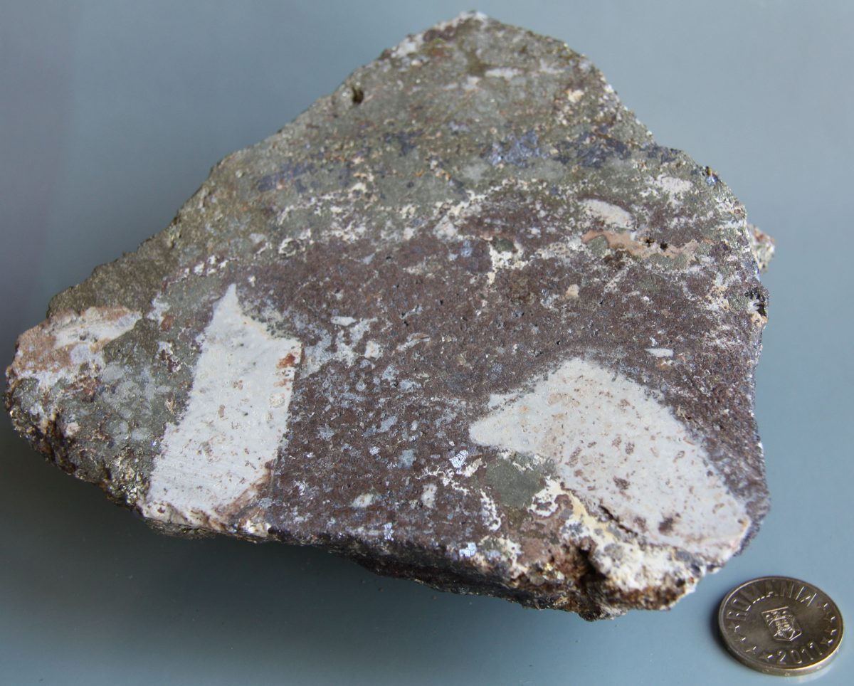 Brecie mineralizată cu pirită, calcopirită, sfalerit, galenă